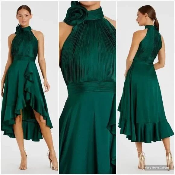 NWT Mac Duggal 49488 Emerald Halter Neck Flower Ruffled Midi Dress Sz 6 - Picture 1 of 6